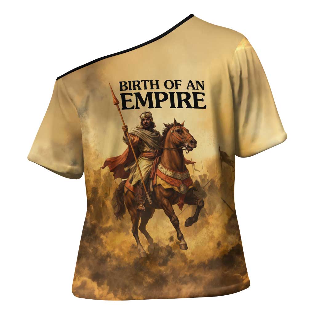 Sundiata Keita Cross Shoulder Shirt with Kirina 1235 Battle Map, Horseback Warrior and Birth of an Empire Design - Wonder Print Shop