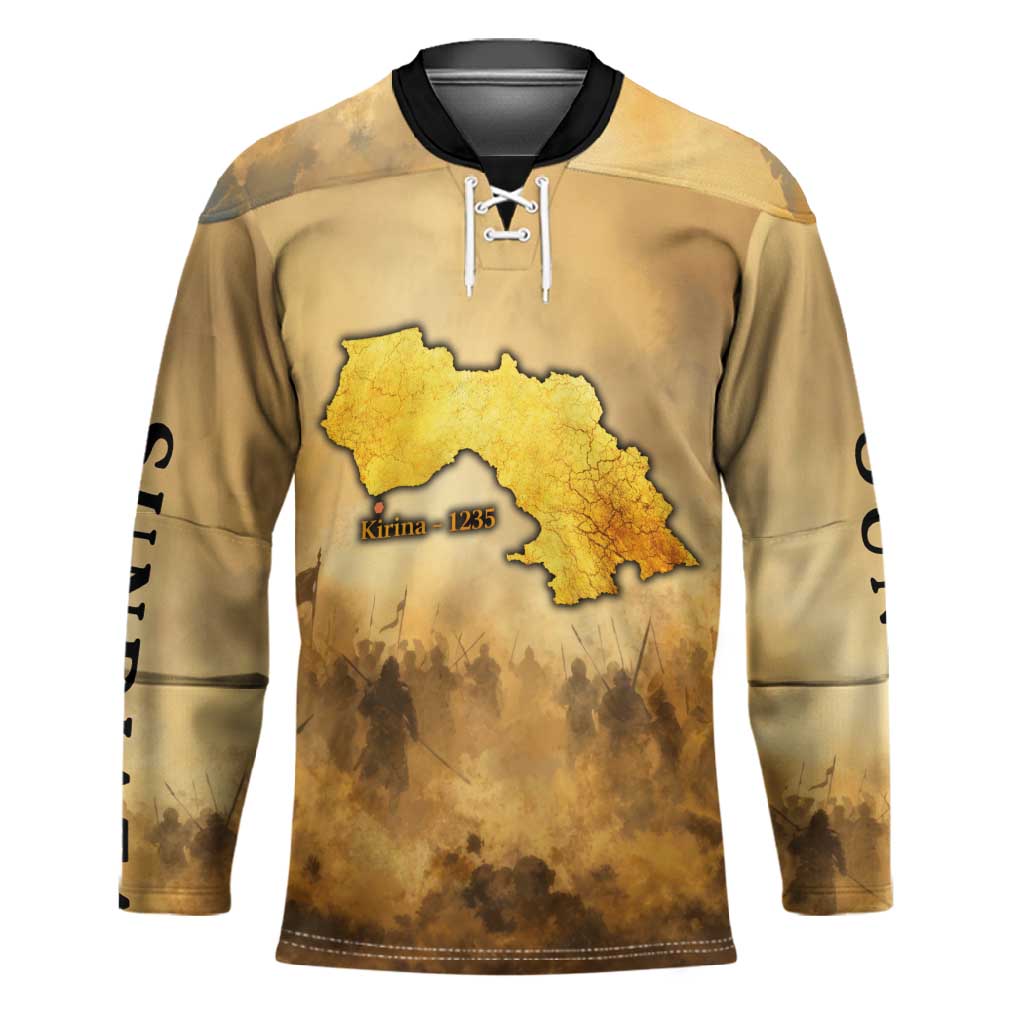 Sundiata Keita Hockey Jersey with Kirina 1235 Battle Map, Horseback Warrior and Birth of an Empire Design - Wonder Print Shop