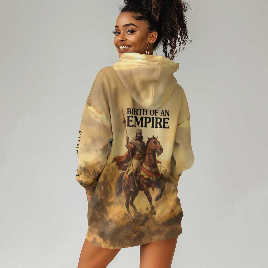 Sundiata Keita Hoodie Dress with Kirina 1235 Battle Map, Horseback Warrior and Birth of an Empire Design - Wonder Print Shop