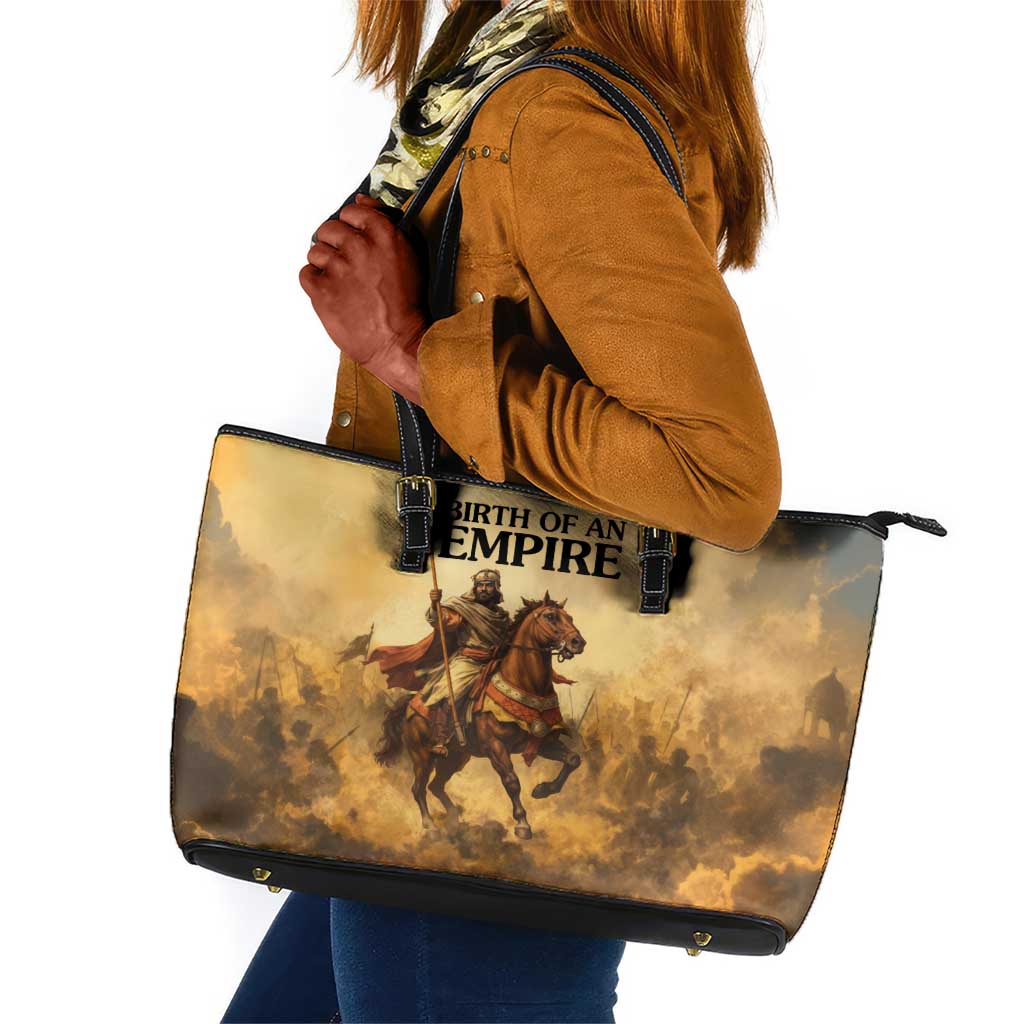 Sundiata Keita Leather Tote Bag with Kirina 1235 Battle Map, Horseback Warrior and Birth of an Empire Design - Wonder Print Shop