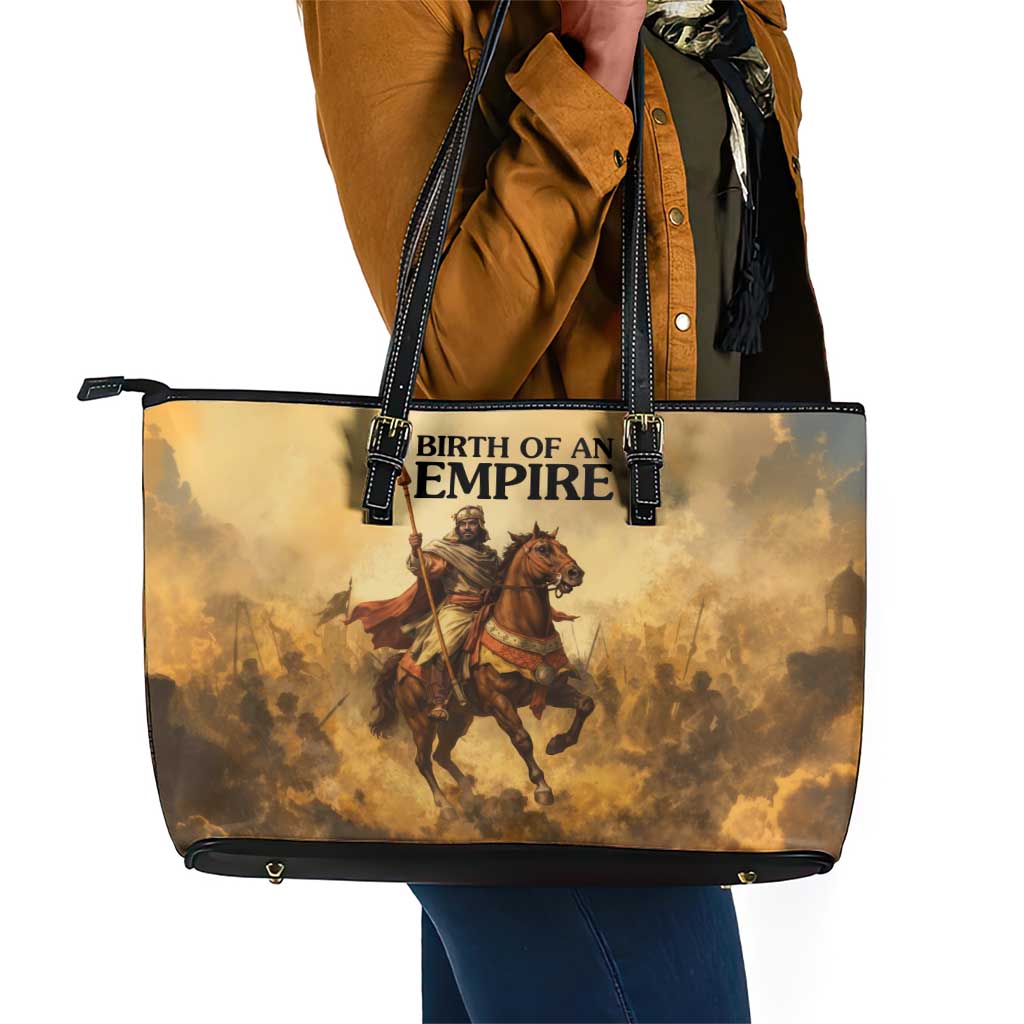 Sundiata Keita Leather Tote Bag with Kirina 1235 Battle Map, Horseback Warrior and Birth of an Empire Design - Wonder Print Shop