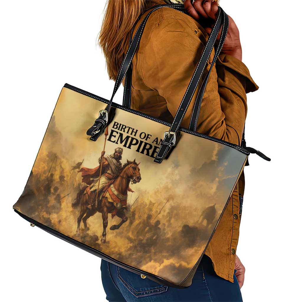 Sundiata Keita Leather Tote Bag with Kirina 1235 Battle Map, Horseback Warrior and Birth of an Empire Design - Wonder Print Shop