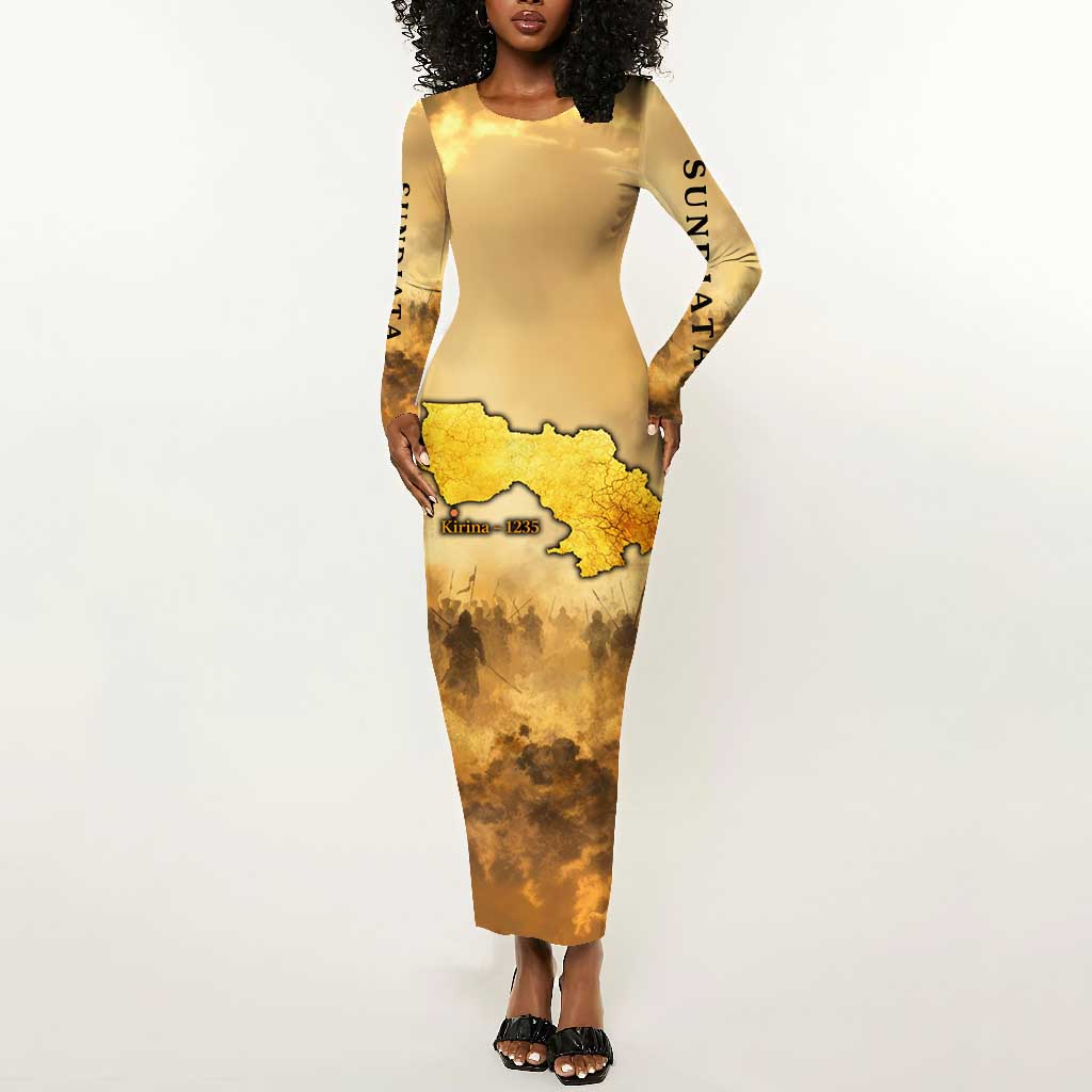 Sundiata Keita Long Sleeve Bodycon Dress with Kirina 1235 Battle Map, Horseback Warrior and Birth of an Empire Design - Wonder Print Shop