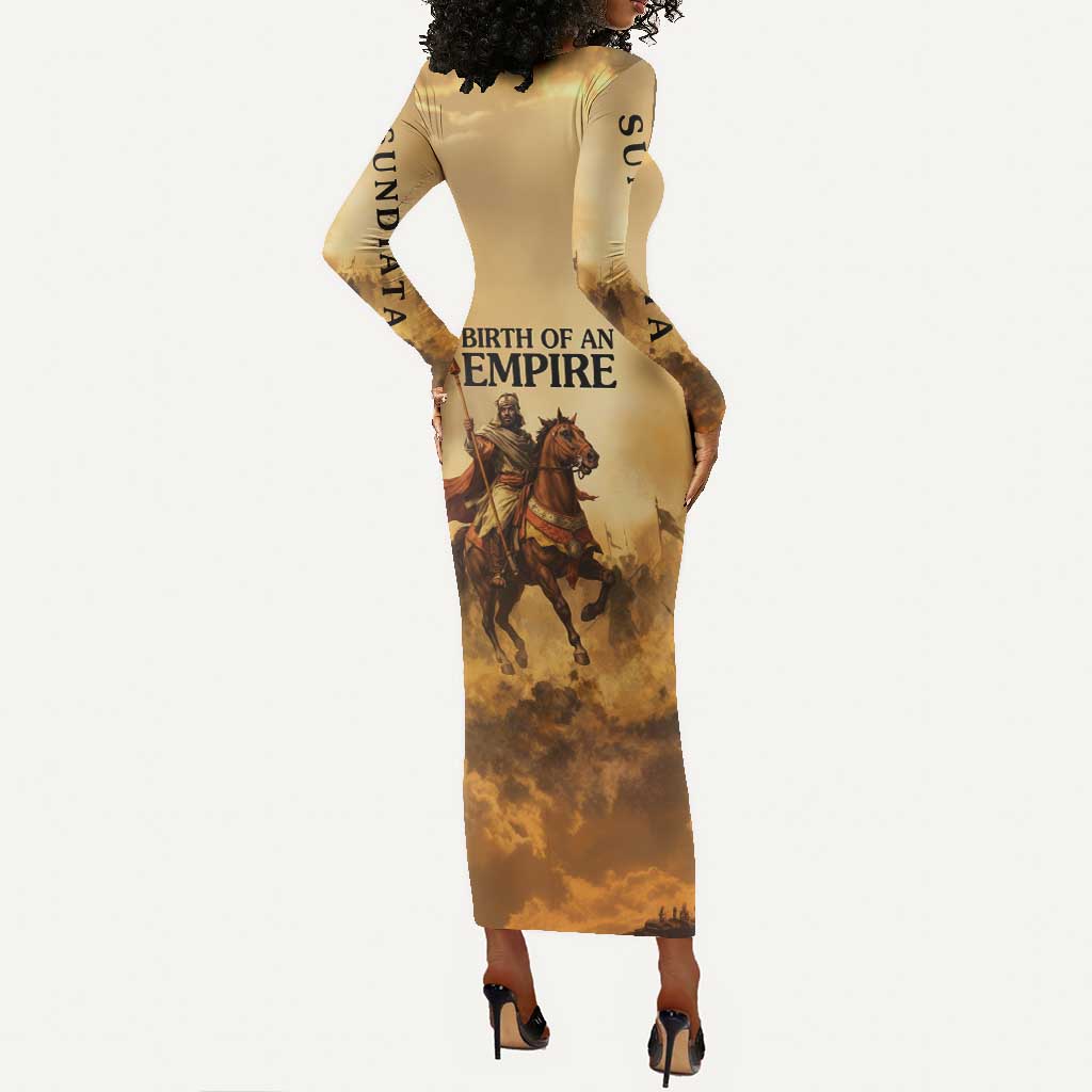 Sundiata Keita Long Sleeve Bodycon Dress with Kirina 1235 Battle Map, Horseback Warrior and Birth of an Empire Design - Wonder Print Shop