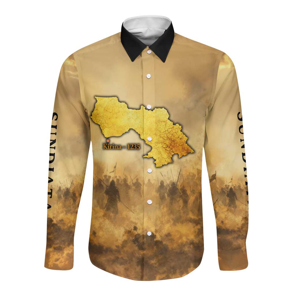 Sundiata Keita Long Sleeve Button Shirt with Kirina 1235 Battle Map, Horseback Warrior and Birth of an Empire Design - Wonder Print Shop