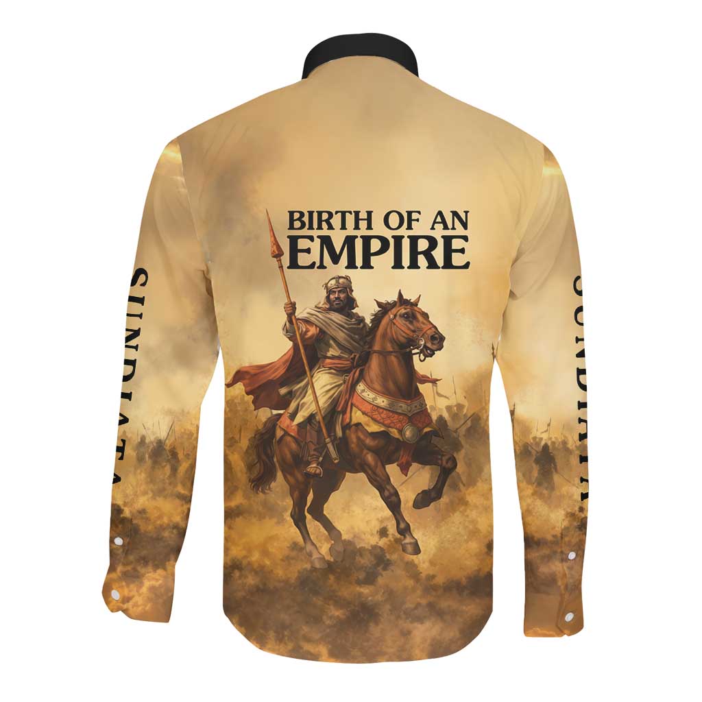 Sundiata Keita Long Sleeve Button Shirt with Kirina 1235 Battle Map, Horseback Warrior and Birth of an Empire Design - Wonder Print Shop