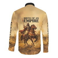 Sundiata Keita Long Sleeve Button Shirt with Kirina 1235 Battle Map, Horseback Warrior and Birth of an Empire Design - Wonder Print Shop