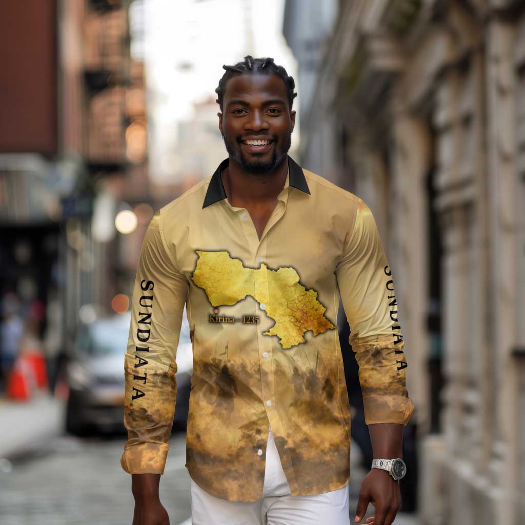 Sundiata Keita Long Sleeve Button Shirt with Kirina 1235 Battle Map, Horseback Warrior and Birth of an Empire Design - Wonder Print Shop