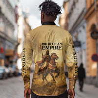 Sundiata Keita Long Sleeve Button Shirt with Kirina 1235 Battle Map, Horseback Warrior and Birth of an Empire Design - Wonder Print Shop