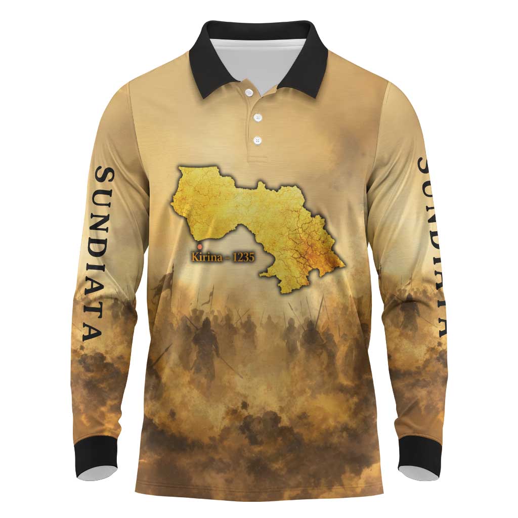 Sundiata Keita Long Sleeve Polo Shirt with Kirina 1235 Battle Map, Horseback Warrior and Birth of an Empire Design - Wonder Print Shop