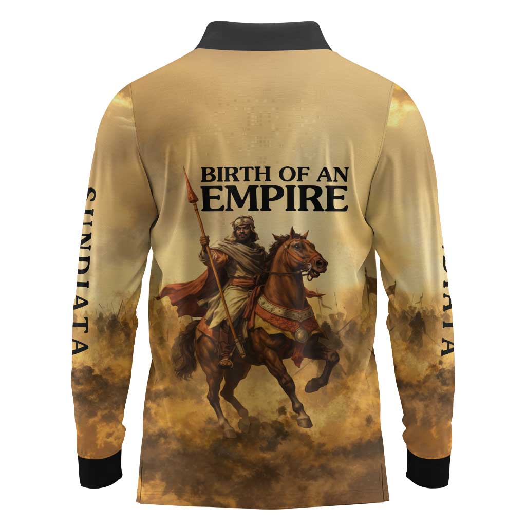 Sundiata Keita Long Sleeve Polo Shirt with Kirina 1235 Battle Map, Horseback Warrior and Birth of an Empire Design - Wonder Print Shop