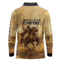 Sundiata Keita Long Sleeve Polo Shirt with Kirina 1235 Battle Map, Horseback Warrior and Birth of an Empire Design - Wonder Print Shop