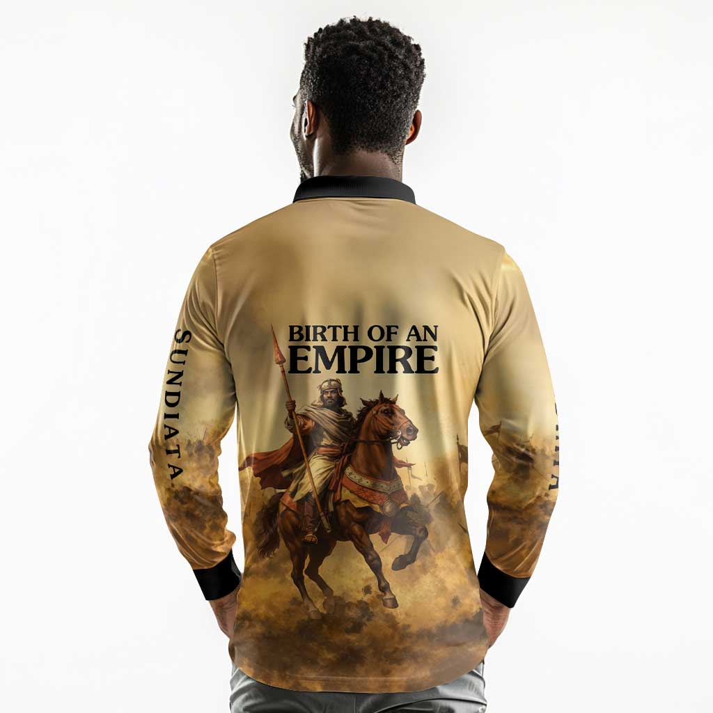 Sundiata Keita Long Sleeve Polo Shirt with Kirina 1235 Battle Map, Horseback Warrior and Birth of an Empire Design - Wonder Print Shop