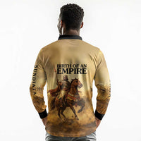 Sundiata Keita Long Sleeve Polo Shirt with Kirina 1235 Battle Map, Horseback Warrior and Birth of an Empire Design - Wonder Print Shop
