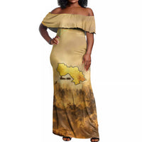 Sundiata Keita Off Shoulder Maxi Dress with Kirina 1235 Battle Map, Horseback Warrior and Birth of an Empire Design - Wonder Print Shop