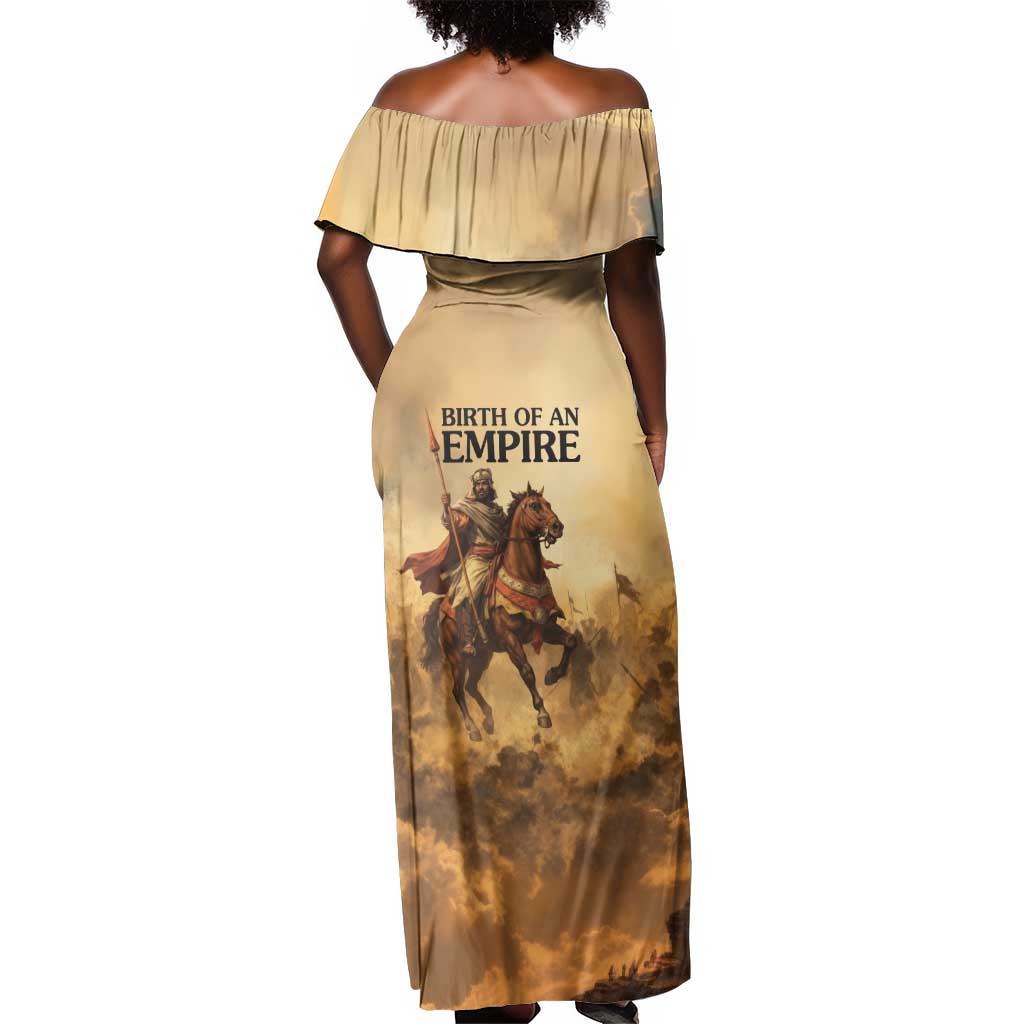 Sundiata Keita Off Shoulder Maxi Dress with Kirina 1235 Battle Map, Horseback Warrior and Birth of an Empire Design - Wonder Print Shop