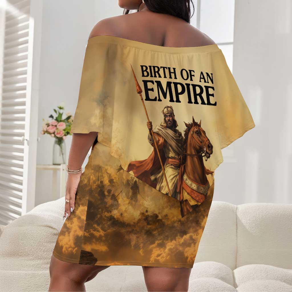 Sundiata Keita Off Shoulder Short Dress with Kirina 1235 Battle Map, Horseback Warrior and Birth of an Empire Design - Wonder Print Shop
