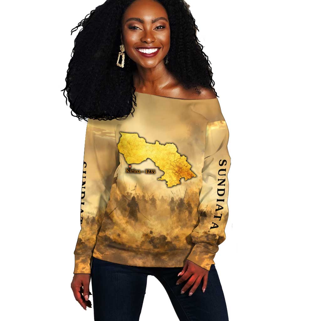 Sundiata Keita Off Shoulder Sweater with Kirina 1235 Battle Map, Horseback Warrior and Birth of an Empire Design - Wonder Print Shop
