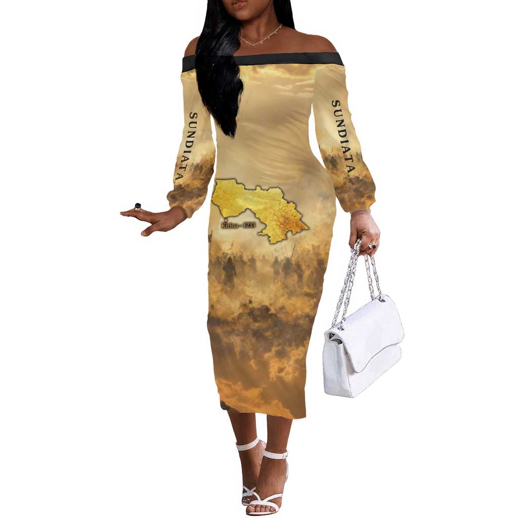 Sundiata Keita Off The Shoulder Long Sleeve Dress with Kirina 1235 Battle Map, Horseback Warrior and Birth of an Empire Design - Wonder Print Shop