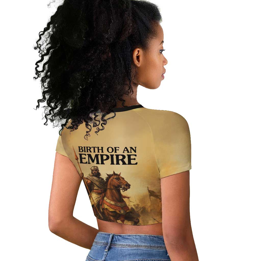 Sundiata Keita Raglan Cropped T shirt with Kirina 1235 Battle Map, Horseback Warrior and Birth of an Empire Design - Wonder Print Shop