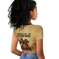 Sundiata Keita Raglan Cropped T shirt with Kirina 1235 Battle Map, Horseback Warrior and Birth of an Empire Design - Wonder Print Shop