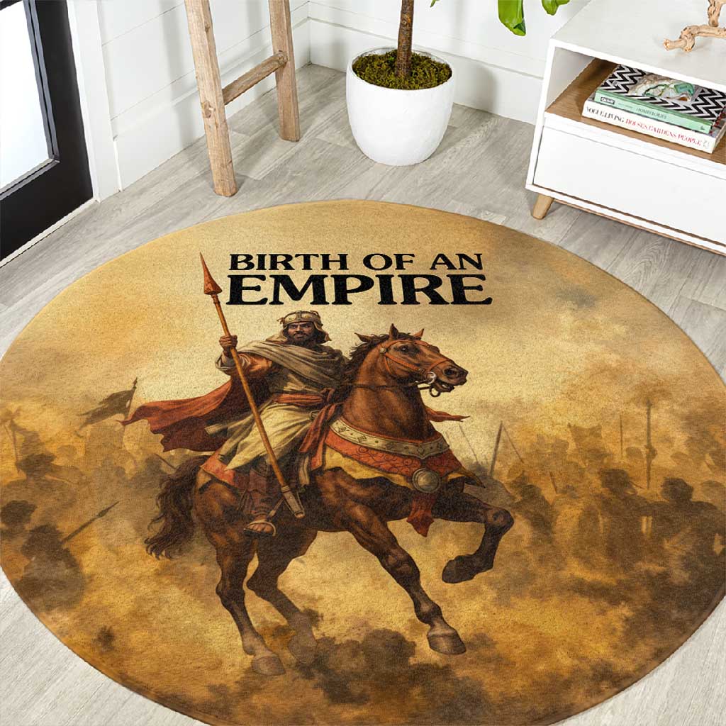 Sundiata Keita Round Carpet with Kirina 1235 Battle Map, Horseback Warrior and Birth of an Empire Design - Wonder Print Shop