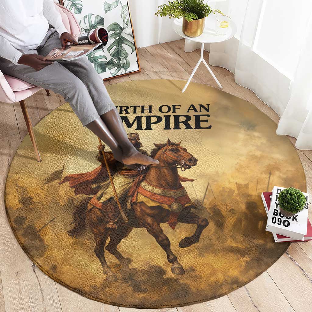 Sundiata Keita Round Carpet with Kirina 1235 Battle Map, Horseback Warrior and Birth of an Empire Design - Wonder Print Shop