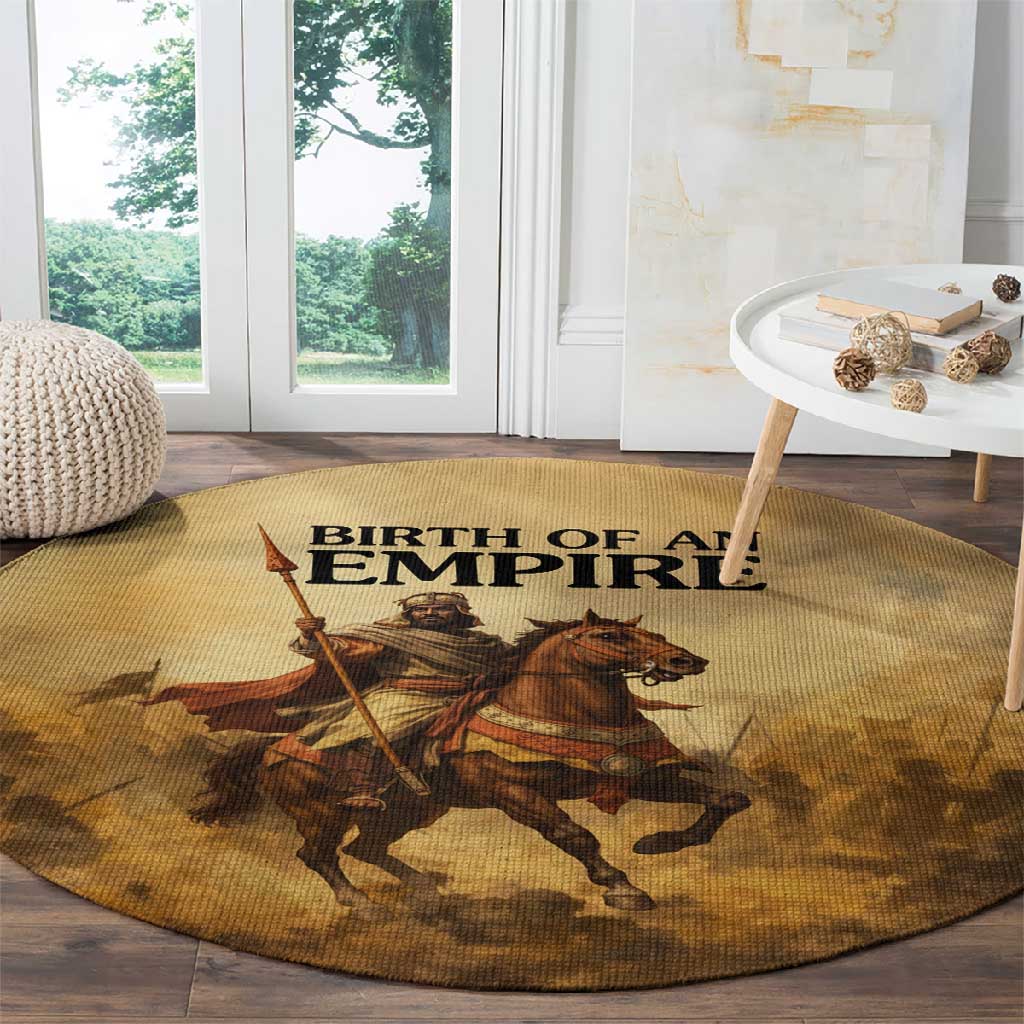 Sundiata Keita Round Carpet with Kirina 1235 Battle Map, Horseback Warrior and Birth of an Empire Design - Wonder Print Shop