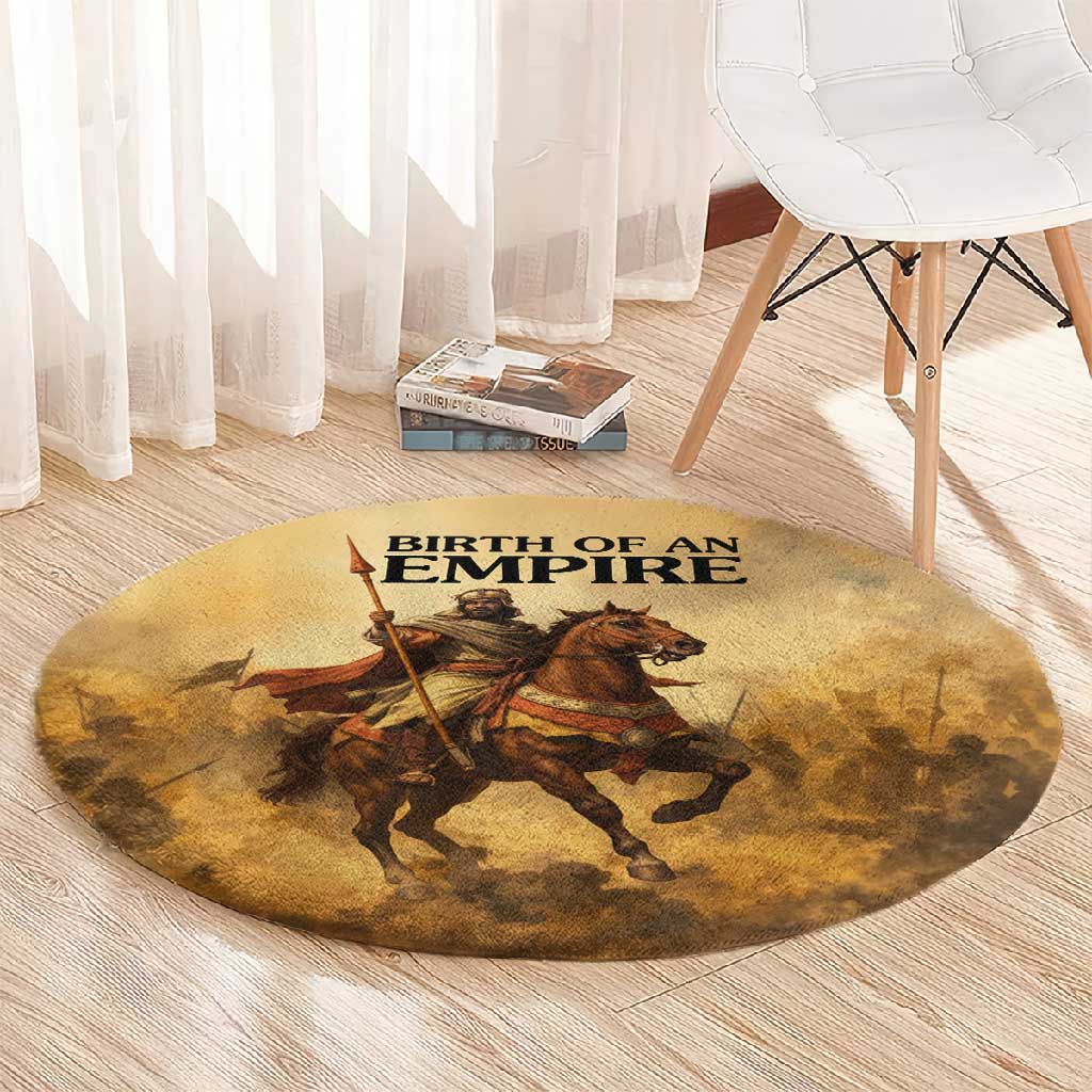 Sundiata Keita Round Carpet with Kirina 1235 Battle Map, Horseback Warrior and Birth of an Empire Design - Wonder Print Shop