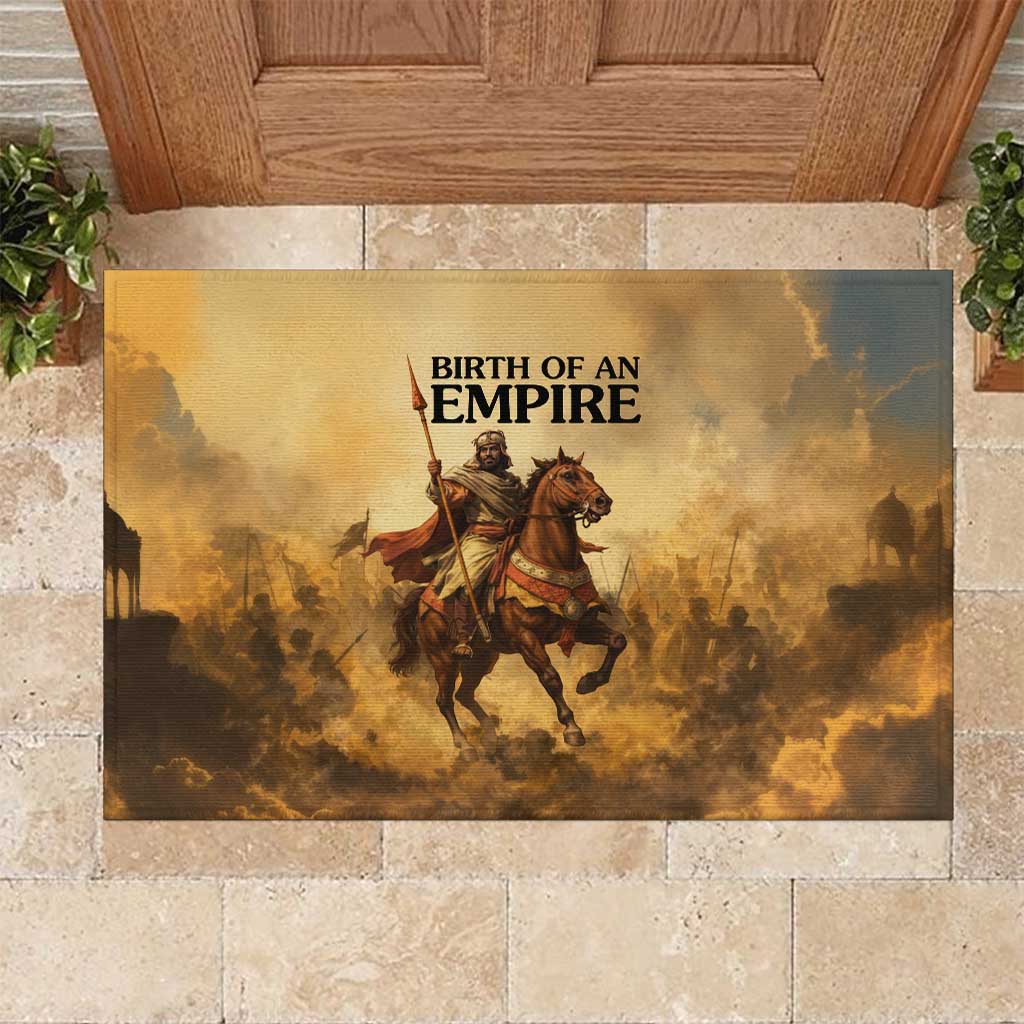 Sundiata Keita Rubber Doormat with Kirina 1235 Battle Map, Horseback Warrior and Birth of an Empire Design - Wonder Print Shop