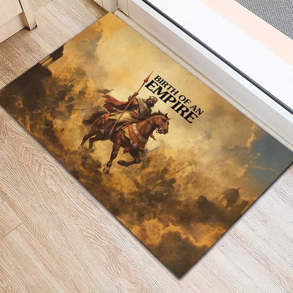 Sundiata Keita Rubber Doormat with Kirina 1235 Battle Map, Horseback Warrior and Birth of an Empire Design - Wonder Print Shop