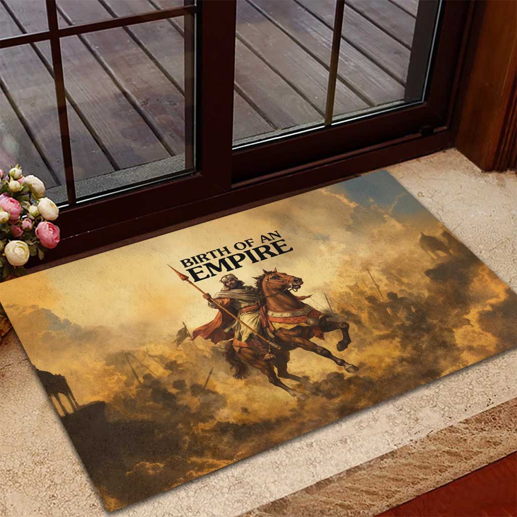 Sundiata Keita Rubber Doormat with Kirina 1235 Battle Map, Horseback Warrior and Birth of an Empire Design - Wonder Print Shop