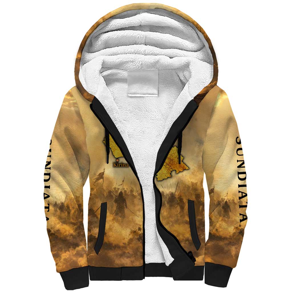 Sundiata Keita Sherpa Hoodie with Kirina 1235 Battle Map, Horseback Warrior and Birth of an Empire Design - Wonder Print Shop
