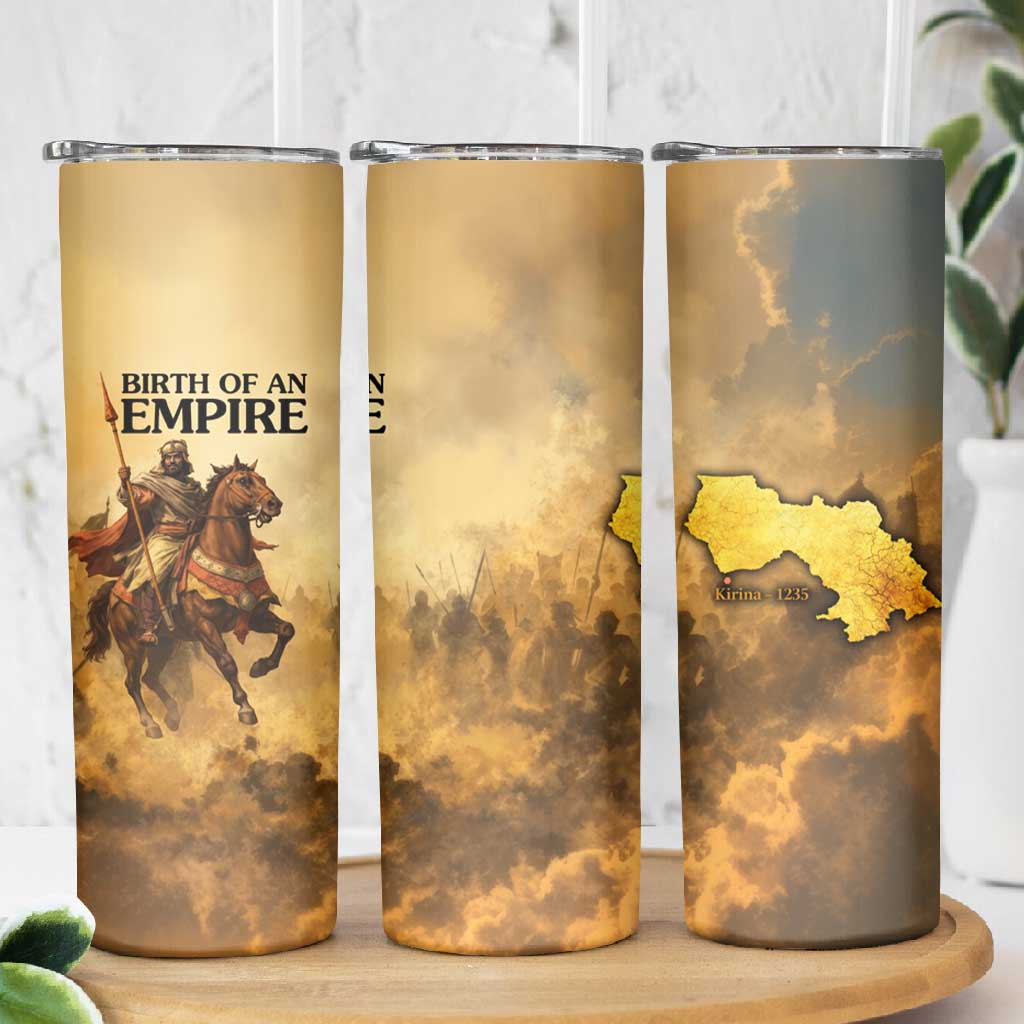 Sundiata Keita Skinny Tumbler with Kirina 1235 Battle Map, Horseback Warrior and Birth of an Empire Design - Wonder Print Shop