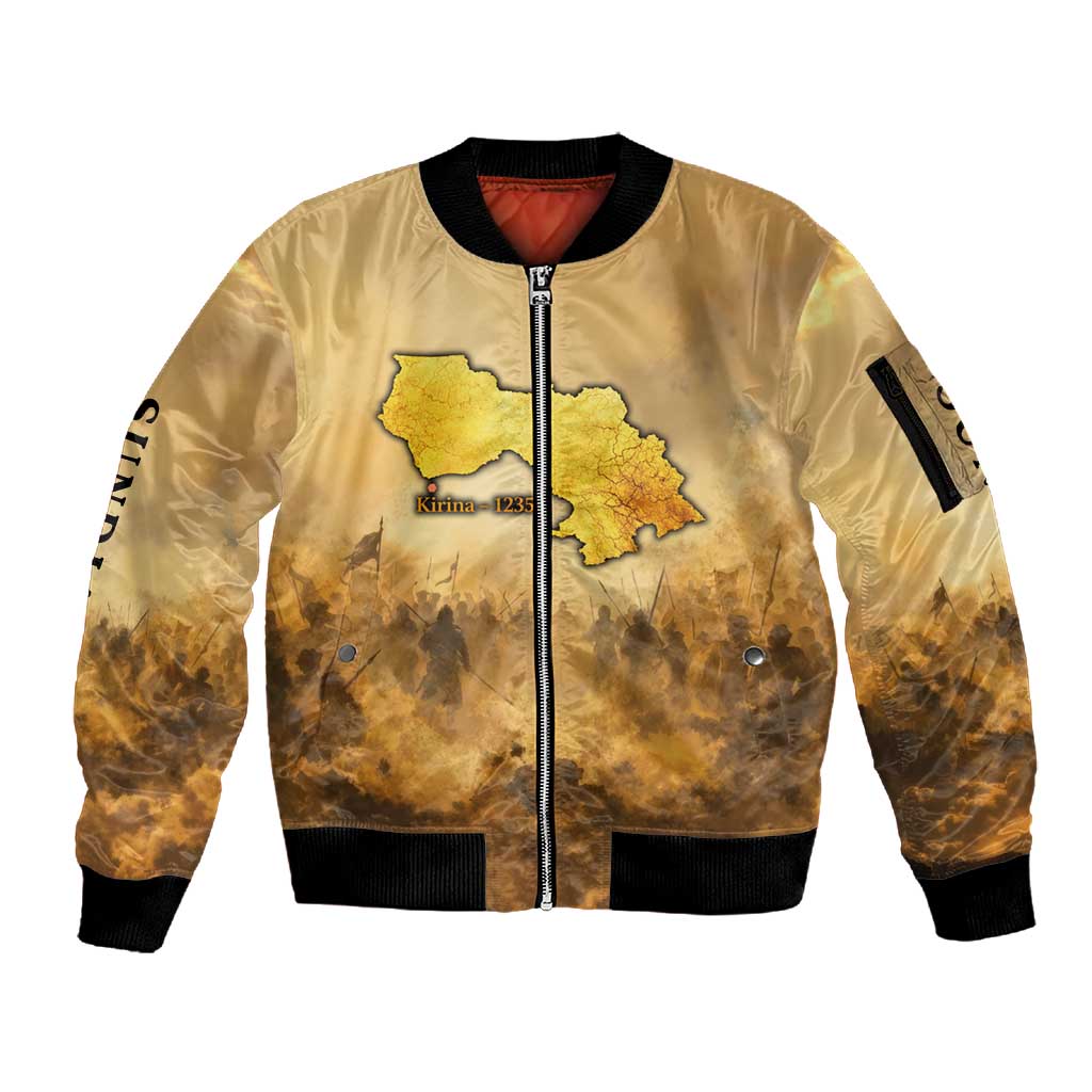 Sundiata Keita Sleeve Zip Bomber Jacket with Kirina 1235 Battle Map, Horseback Warrior and Birth of an Empire Design - Wonder Print Shop