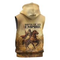 Sundiata Keita Sleeveless Hoodie with Kirina 1235 Battle Map, Horseback Warrior and Birth of an Empire Design - Wonder Print Shop