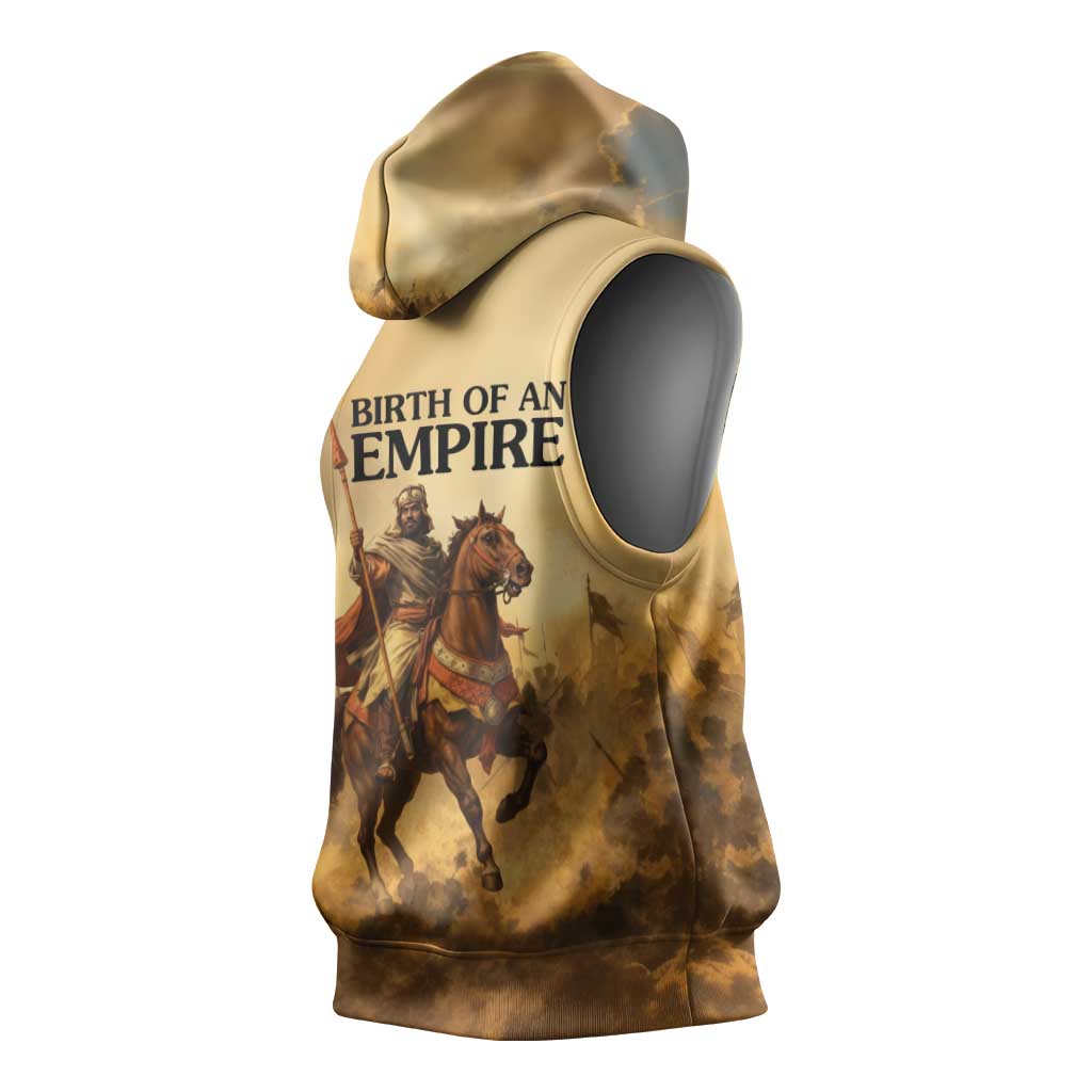 Sundiata Keita Sleeveless Hoodie with Kirina 1235 Battle Map, Horseback Warrior and Birth of an Empire Design - Wonder Print Shop
