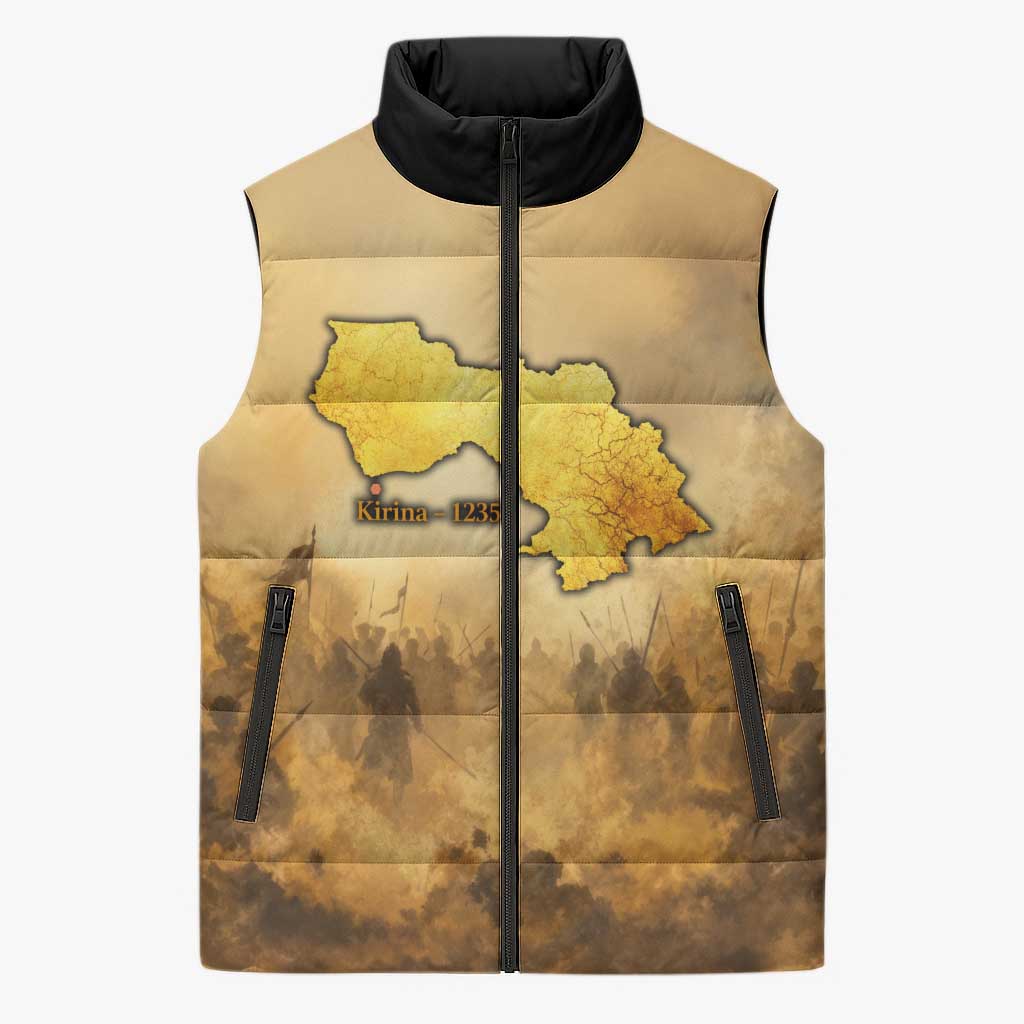 Sundiata Keita Sleeveless Puffer Jacket with Kirina 1235 Battle Map, Horseback Warrior and Birth of an Empire Design - Wonder Print Shop