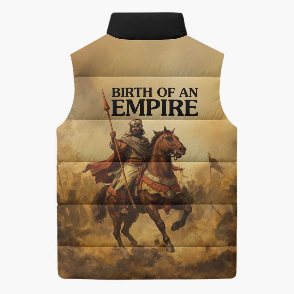 Sundiata Keita Sleeveless Puffer Jacket with Kirina 1235 Battle Map, Horseback Warrior and Birth of an Empire Design - Wonder Print Shop