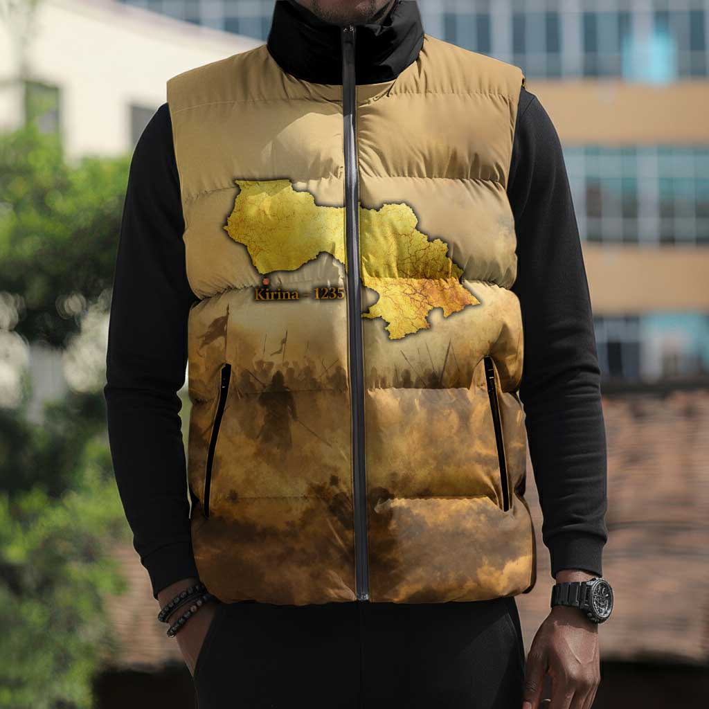 Sundiata Keita Sleeveless Puffer Jacket with Kirina 1235 Battle Map, Horseback Warrior and Birth of an Empire Design - Wonder Print Shop
