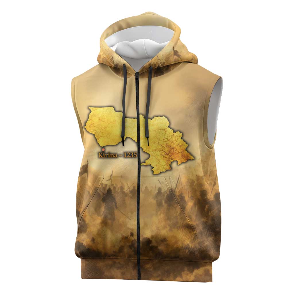 Sundiata Keita Sleeveless Zip Hoodie with Kirina 1235 Battle Map, Horseback Warrior and Birth of an Empire Design - Wonder Print Shop