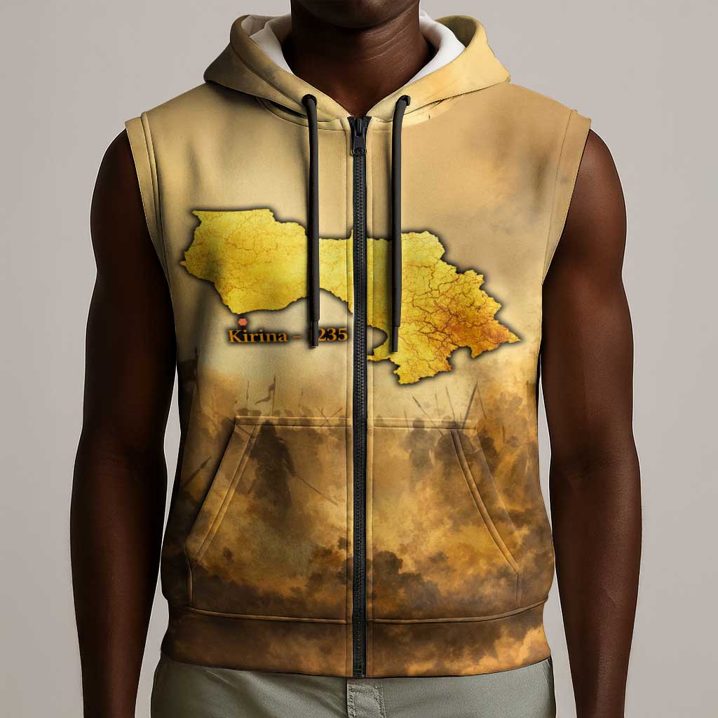 Sundiata Keita Sleeveless Zip Hoodie with Kirina 1235 Battle Map, Horseback Warrior and Birth of an Empire Design - Wonder Print Shop