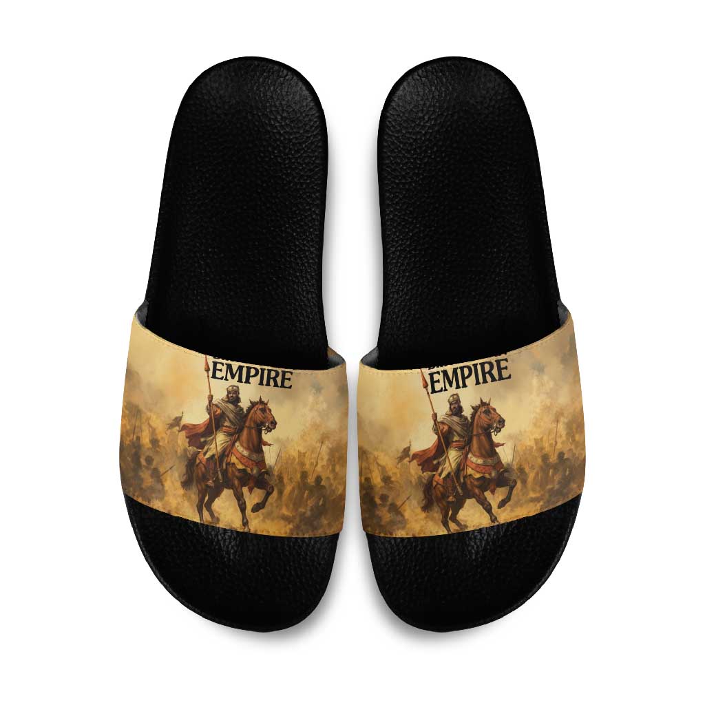 Sundiata Keita Slide Sandals with Kirina 1235 Battle Map, Horseback Warrior and Birth of an Empire Design - Wonder Print Shop