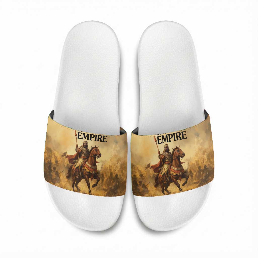 Sundiata Keita Slide Sandals with Kirina 1235 Battle Map, Horseback Warrior and Birth of an Empire Design - Wonder Print Shop