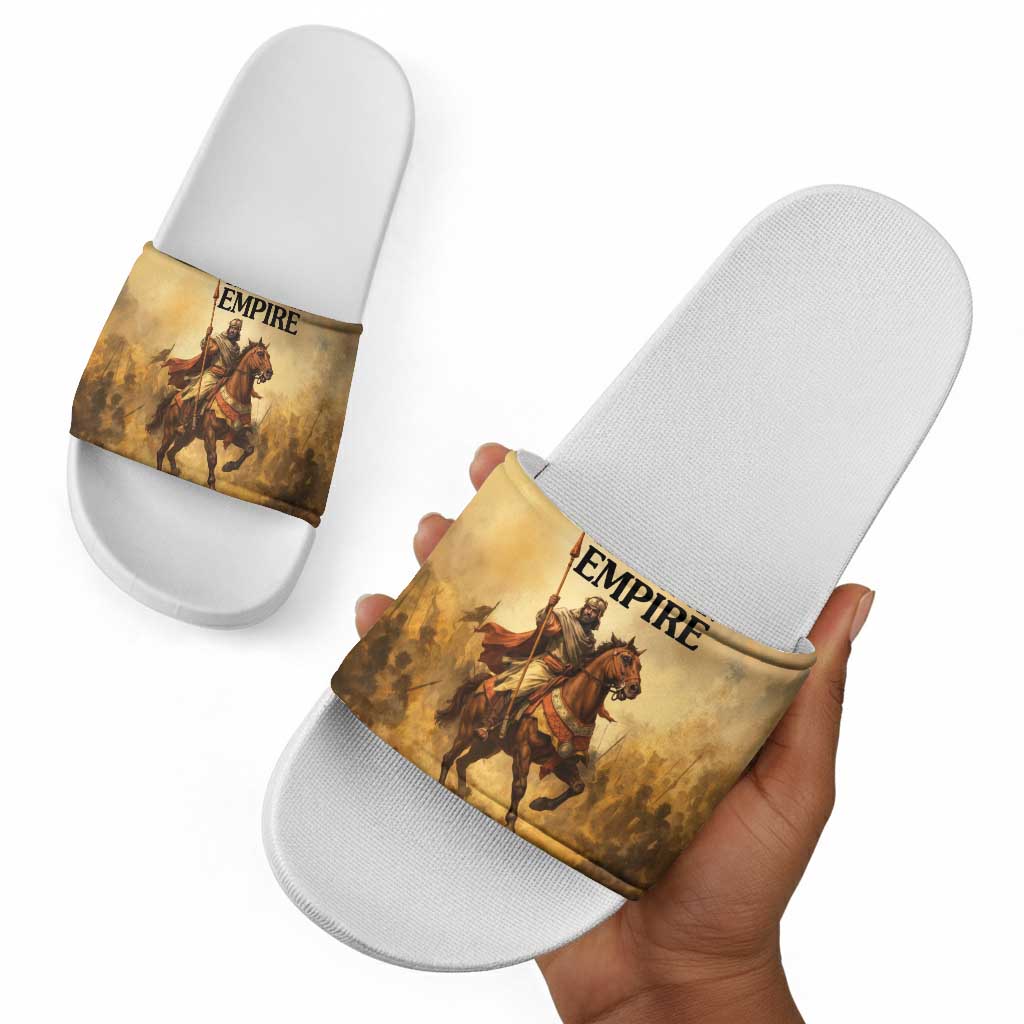 Sundiata Keita Slide Sandals with Kirina 1235 Battle Map, Horseback Warrior and Birth of an Empire Design - Wonder Print Shop