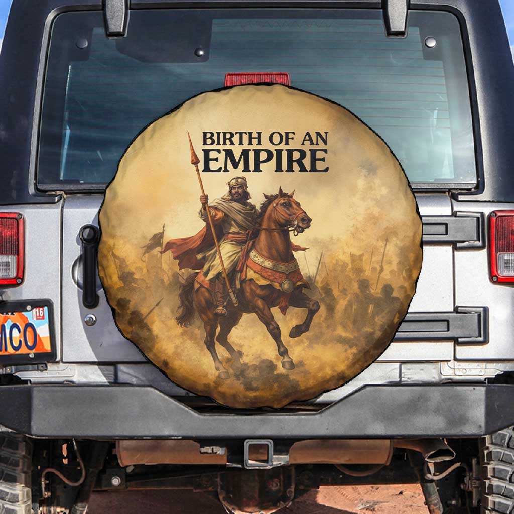 Sundiata Keita Spare Tire Cover with Kirina 1235 Battle Map, Horseback Warrior and Birth of an Empire Design - Wonder Print Shop