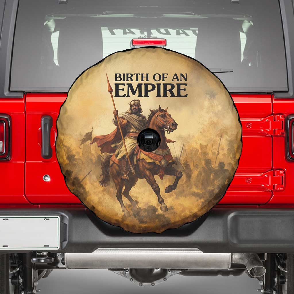 Sundiata Keita Spare Tire Cover with Kirina 1235 Battle Map, Horseback Warrior and Birth of an Empire Design - Wonder Print Shop