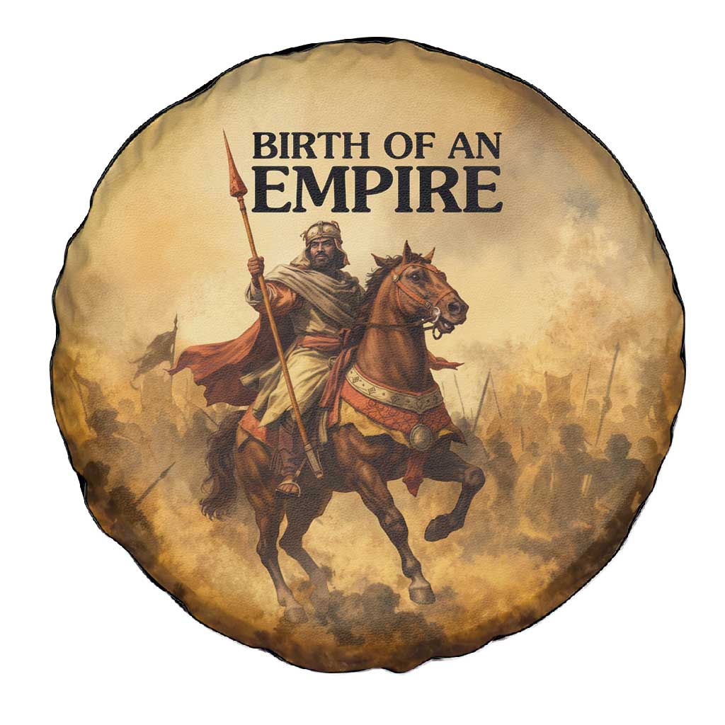 Sundiata Keita Spare Tire Cover with Kirina 1235 Battle Map, Horseback Warrior and Birth of an Empire Design - Wonder Print Shop