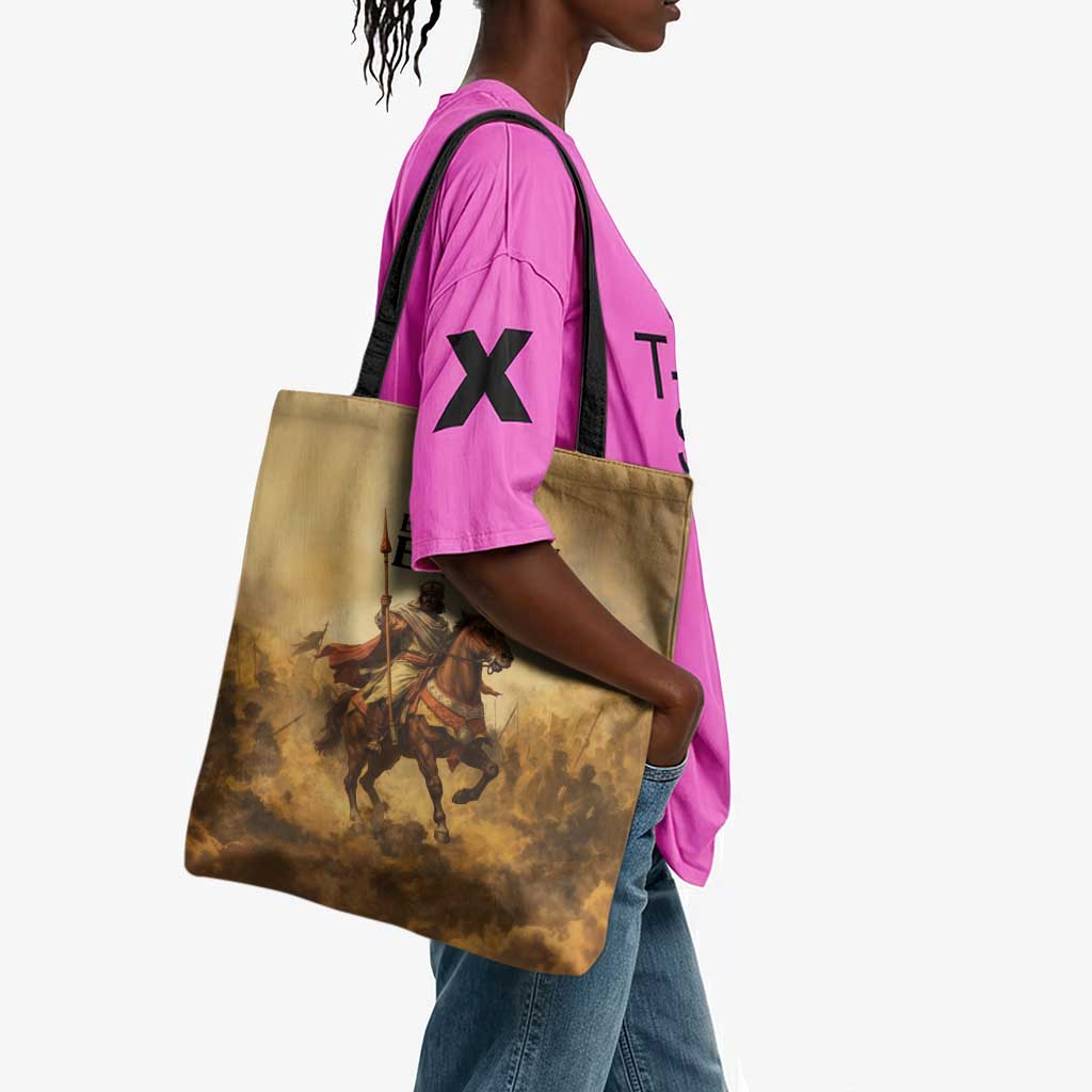 Sundiata Keita Tote Bag with Kirina 1235 Battle Map, Horseback Warrior and Birth of an Empire Design - Wonder Print Shop