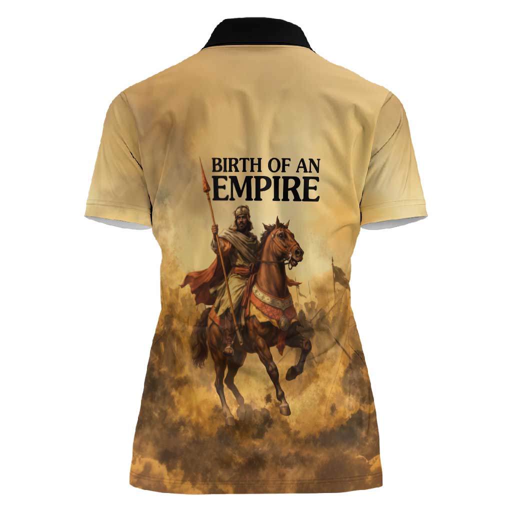 Sundiata Keita Women Polo Shirt with Kirina 1235 Battle Map, Horseback Warrior and Birth of an Empire Design - Wonder Print Shop